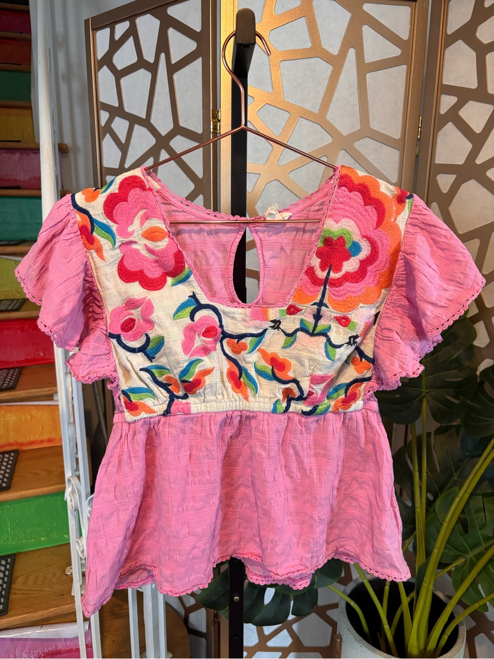 Plenty by Tracy Reese Embroidered Floral Peplum Top Pink Large